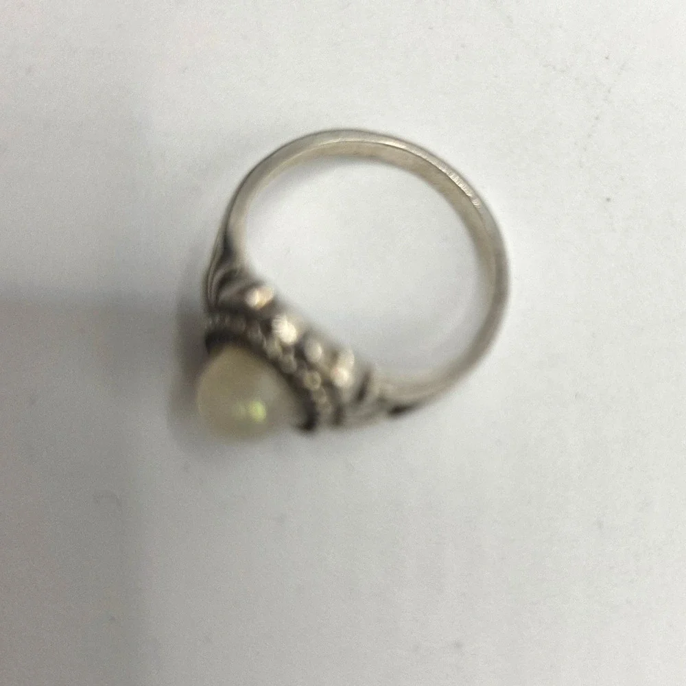 Vintage Silver Tone Faux Opal Oval Cabochon Ornate Boho Statement Ring Size 6.25